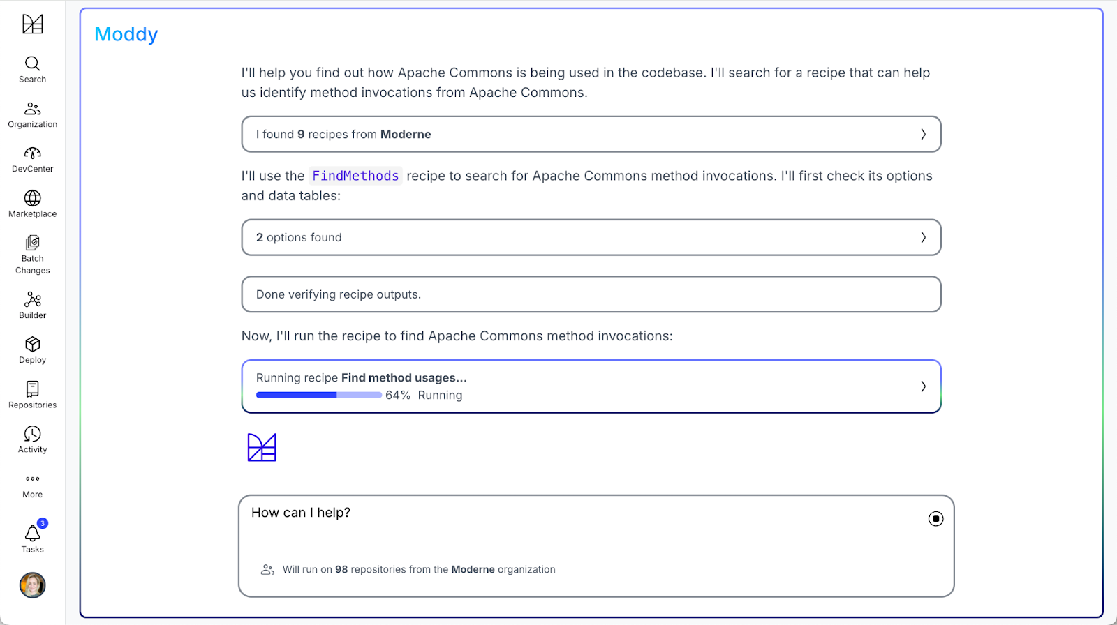 Figure 2. Moddy answering the question "How am I using Apache Commons?"