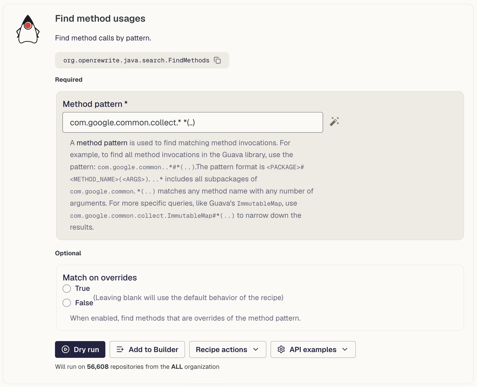 The Find Methods recipe configured with the method pattern com.google.common.collect.* *(..)