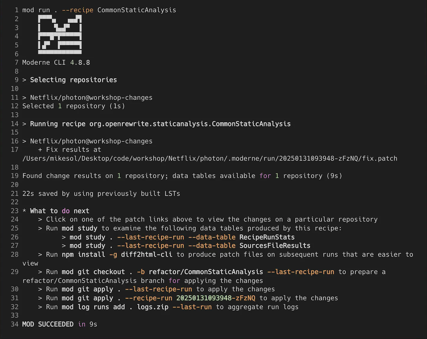 Moderne CLI 4.8.8 in a terminal