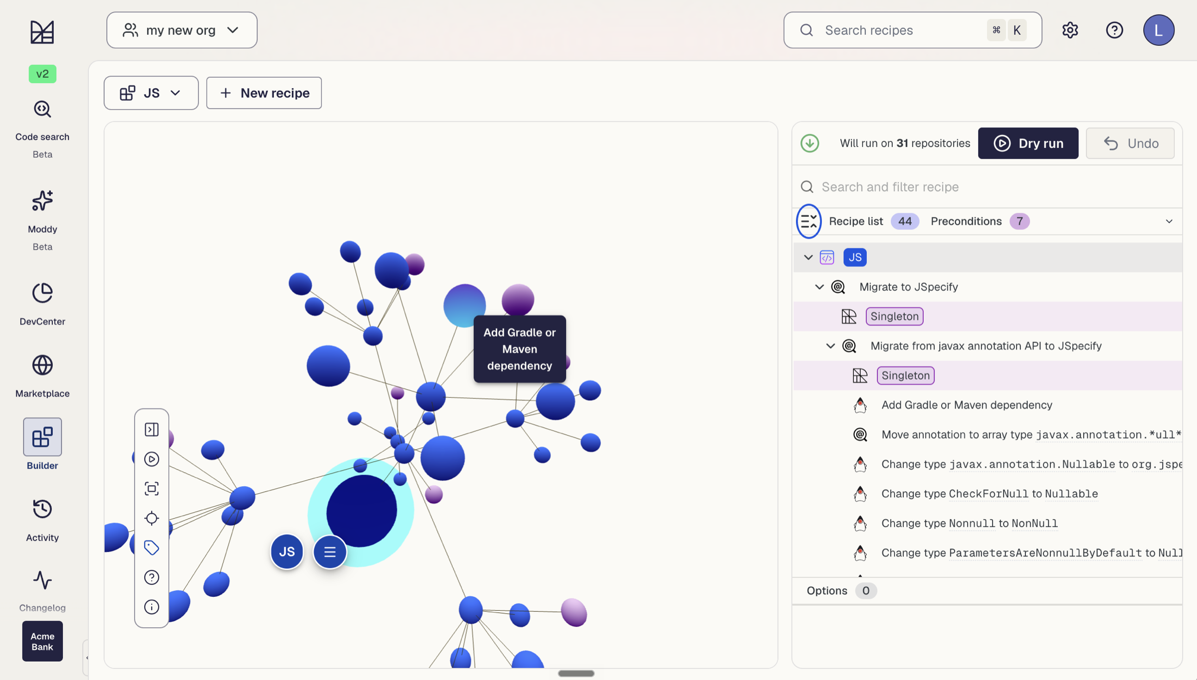 The Moderne recipe builder for a JS recipe, showing the composed graph for migrating javax nullability annotations to JSpecify.